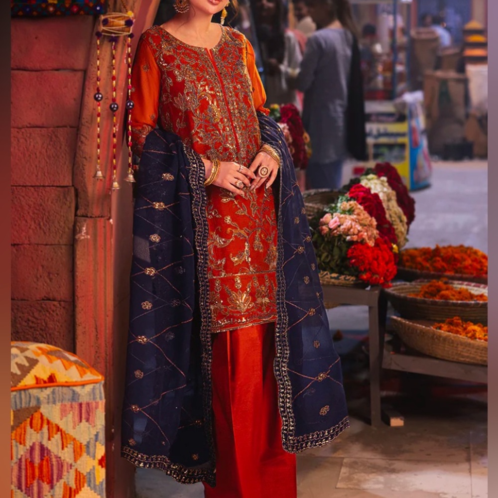 Pakistani Embroidered Rust and Navy 3 pc outfit for Women By Asim Jofa